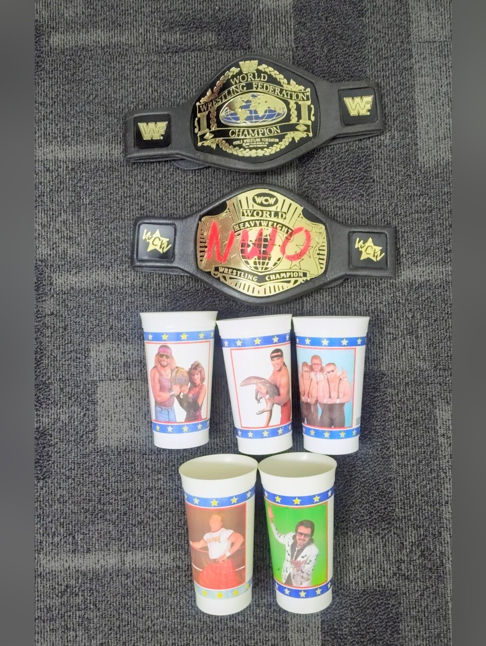 Vintage wrestling lot- 1980's title belt, drinking cups & WCW/NWO title belt